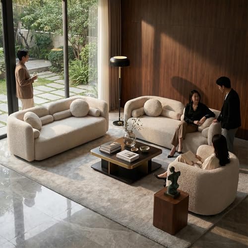 Image of 4PCS Sofa Set for Living Room, Boucle Sofa Set with 2 Loveseat Sofas and 2 Accent Chair, Minimalist Couch Set, 6 Seater Living Room Furniture Sets for Apartment Home Office (Beige)