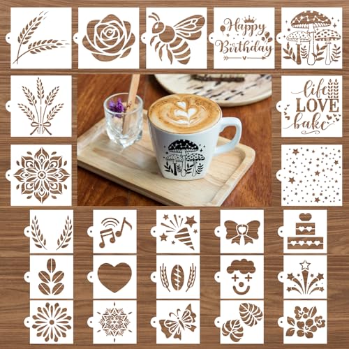Reusable Cookie Cake Stencils for Painting - 24 Pcs Small Baked Birthday Cake Template Mold for Party Dessert, Bee Flower Butterfly Reusable Painting Template DIY Bread Coffee Baking Crafts Decoration