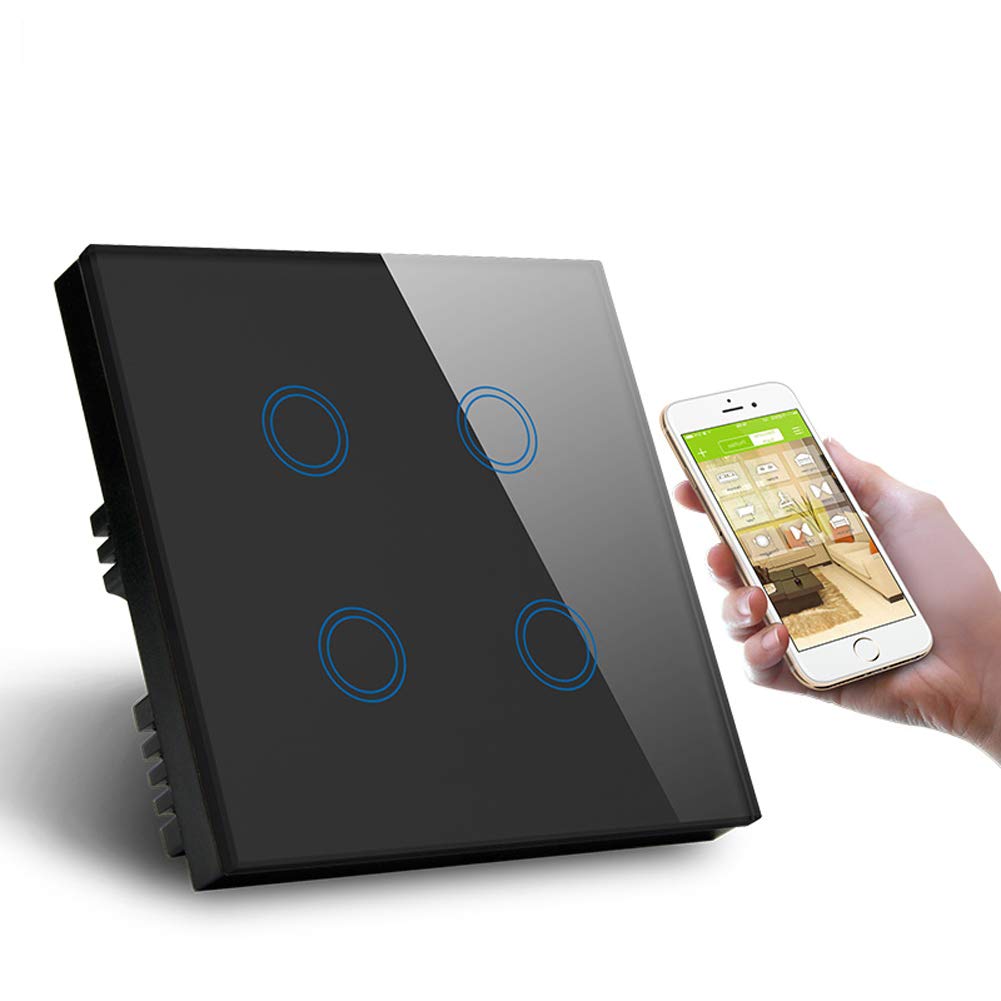 Interruptor inteligente WiFi estándar de Reino Unido, 4 interruptores, control de voz, interruptor de pared WiFi, panel de cristal de 1000 W, 220 V, negro