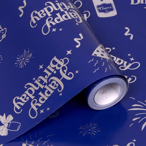 43cm x 10M Blue Gift Wrapping Paper Roll - Birthday Wrapping Paper Recyclable Paper for Birthday Gift Decorations