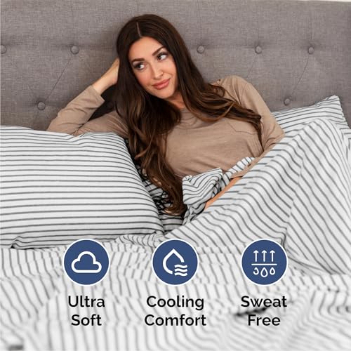 Image of Queen 6 Piece Bed Sheet Set - Breathable & Cooling Sheets - Grey Stripes | Ultra-Soft Hotel Luxury Bedding Set w / 8-16 Inch Deep Pockets, 1 Flat & 1 Fitted Sheet & 4 Pillowcases, Wrinkle & Fade Free
