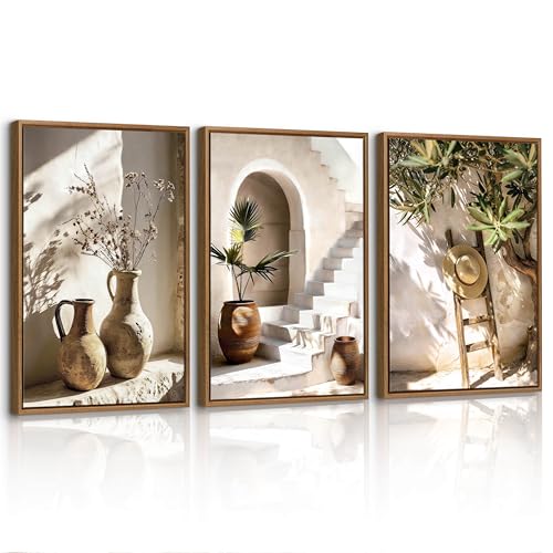 3 Pcs Vintage Plantes Dans un Vase Impression Sur Toile Avec Cadre, Rustique Nature Morte Botanique Tableau Decoration Murale Échelle Paille Chapeau Affiche Peintures Decor Chambre Salon 40x60cmx3