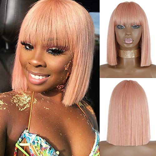 Straight Pink Bob Wig with Bangs,Short Synthetic Cosplay Party Wig for women Natural Looking Heat Resistant Wig(11 inch,Pink)