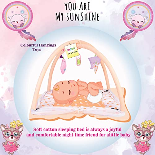 Image of Kwitchy Baby Bedding Set New Born Baby Bed Mattress with Mosquito Net Play Gym Playmat Cotton Bed with Hanging Toys (0-6 Months, Orange)