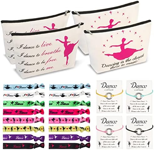 BEDSIFV Dance Makeup Bags, 24pcs Dance Gifts for Girls 4 Dancer Makeup Bags 16 Hair Ties 4 Wish Bracelets Personalized Dance Stuff for Dancer Dance Teacher (I Love Dance)