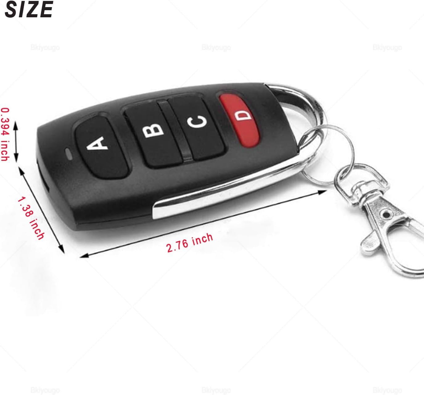 Diagram showing the dimensions of the remote control: 0.394 inches thick, 1.38 inches wide, and 2.76 inches long.