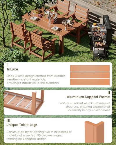 Image of GREENVINES Outdoor Dining Table | 67'' | HDPE | Rectangle Tables for 6 | All-Weather | Umbrella Hole | Patio Furniture | for Poolside Backyard Garden | Teak