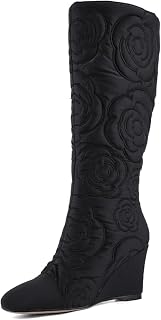 Women's Knee High Wedge Boots, Lightweight Fabric Dress Boots with Round Toe and Side Zipper, Fashion Color Block Design, Comfortable Wedge Heel Boots for Casual, Work, Party