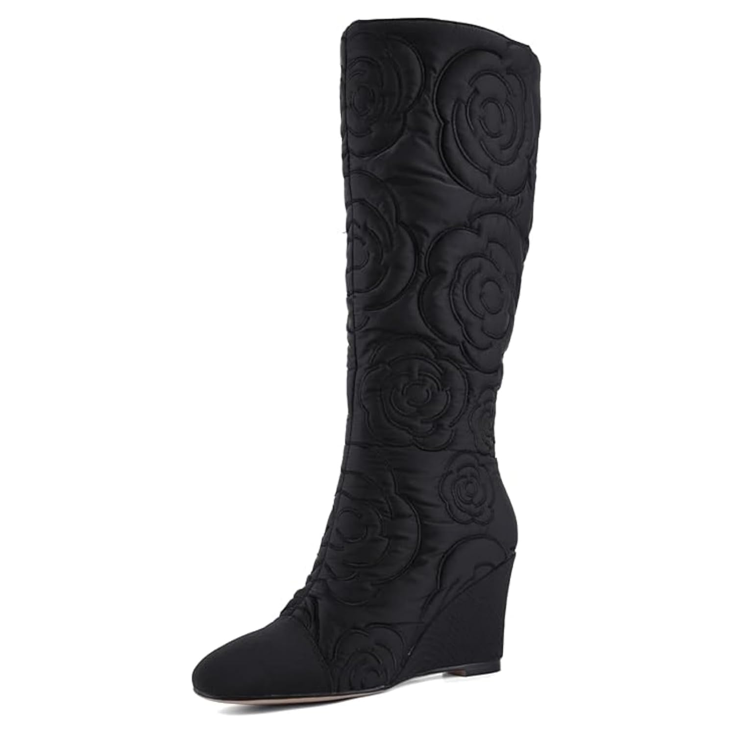 Womens Knee High Wedge Boots with Round Toe and Side Zipper Fashion Splice Design for All-Day Comfort and