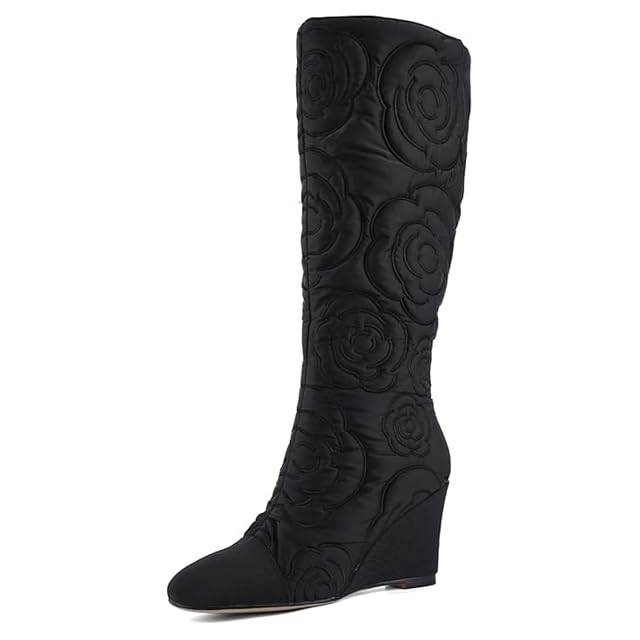 Womens Knee High Wedge Boots with Round Toe and Side Zipper Fashion Splice Design for All-Day Comfort and