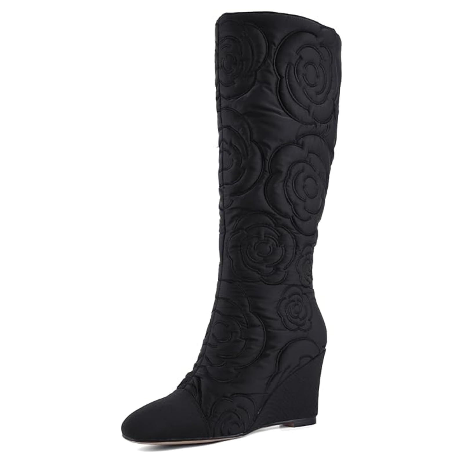 Womens Knee High Wedge Boots with Round Toe and Side Zipper Fashion Splice Design for All-Day Comfort and