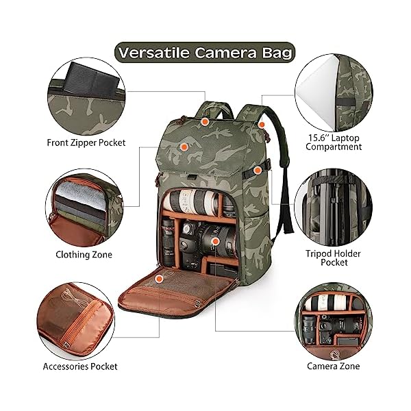 BOLOSTA Camera Backpack Bag Professional DSLR SLR Camouflage Camera Backpack for Photographers Waterproof Large Capacity Camera Case with Fit 15.6" Laptop Compartment & Tripod Holder