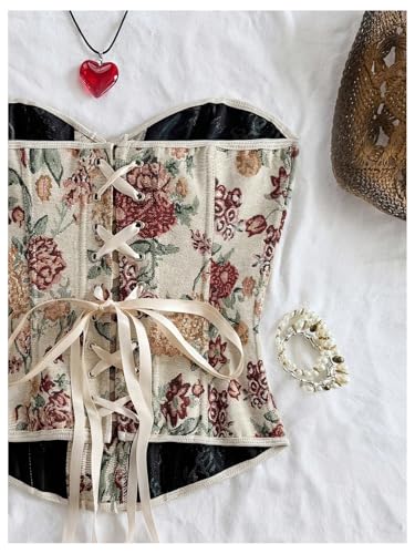MakeMeChic Women's Floral Strapless Corset Top Vintage Lace Up Bustier Going Out Top4