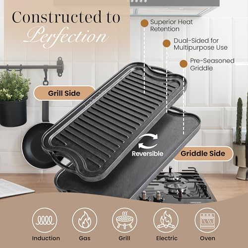 nuovva Cast Iron Griddle Pan for Gas Hob and BBQ Griddle pan Double Sided Pre-Seasoned, Grill Tray, for Healthy and Delicious Cooking, Flat and Ridged Surfaces 50 x 25cm - 5