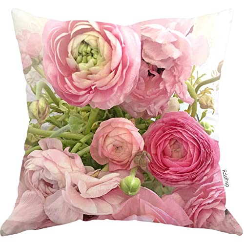 Rdsfhsp Shabby Chic Cottage Ranunculus Peonies Roses Floral Print Cushion Covers Throw Pillow Covers For Decorating Sofa Car Bedroom Etc Or Gifts Cotton 18X18 In #TOP1