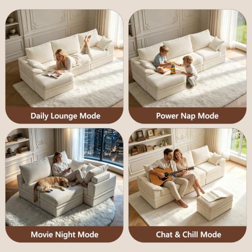 107" Modular Sectional Sofa Boneless Couch with Storage,L-Shape 3 Seat Comfy Modern Cloud Couch Sofa with Ottoman, 27" Deep Seat Corduroy Sofa for Living Room, Tool-Free Assembly - Beige - image 6