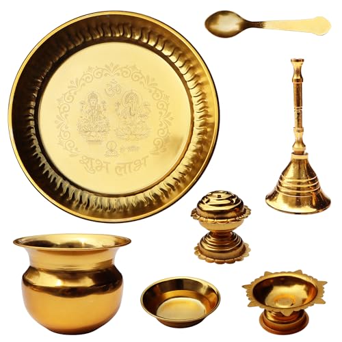 Image of Pure Source India Gold Plated Laxmi Ganesh Pooja Thali Set with Velvet Box for Diwali /Pooja Room /Diwali Gifting |ReturnGift (8.6 Inch)
