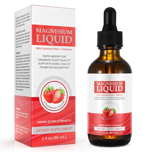 Magnesium Glycinate Liquid Drops Liquid Magnesium Complex with Glycinate Taurate Cellulose Fiber Bromelain Vitamin B6 C D and Zinc Strawberry Flavor 2 Fl Oz