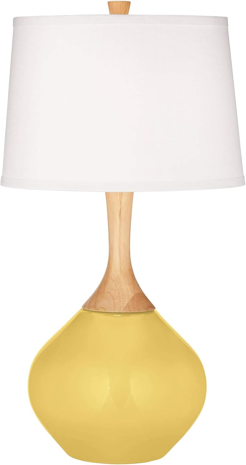 Color + Plus Wexler Modern Table Lamp 31" Tall Daffodil Yellow Glass Wood Neck White Tapered Drum Shade for Bedroom Living Room House Bedside Nightstand Home Office Entryway Family Kids