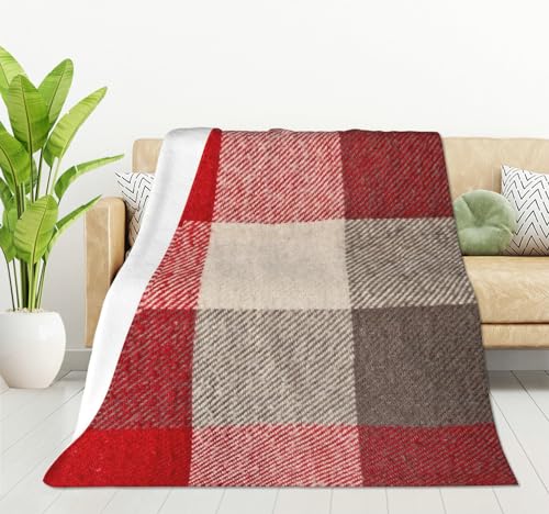 HGOD DESIGNS Plaid Red Grey Tartan Material As Fuzzy Stripes Blanket for Men and Women, Soft Warm Throw Blanket and Fleece Flannel Blanket for Couch Bed Living Room Decor 130x150cm