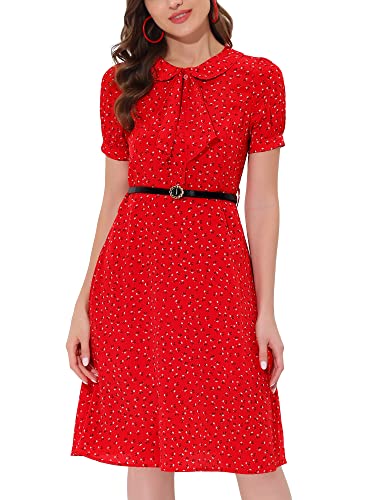 Image of Allegra K Women's Peter Pan Collar Tie Neck Short Sleeves A-Line Elegant Belted Vintage Floral Dress