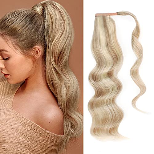 ABH AMAZINGBEAUTY HAIR Long Ponytail Extension, Remy Human Hair Extensions, Wrap in Easy to Use, 100 Gram, Ash Brown with Platinum Blonde Highlights P8-60 Color, 20 Inch
