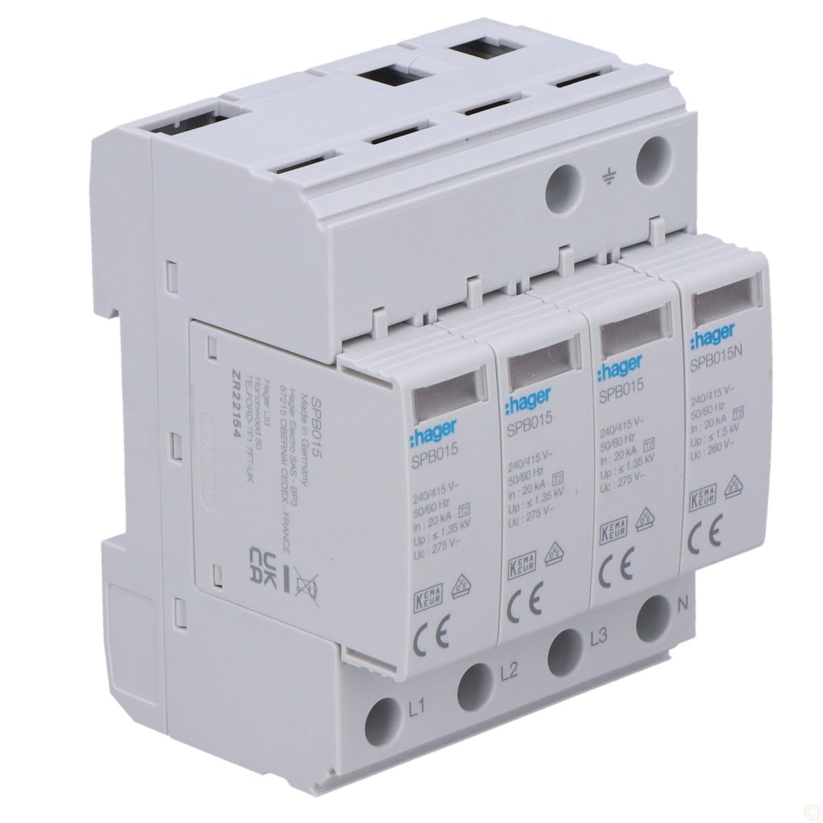 Descargador de sobretensiones T2 4P 40kA TT/TNS HAGER SPB413