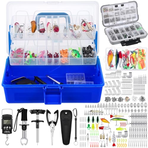 Seenelling 466 Pcs Fishing Tool Kit with 3 Tackle Box with Tackle Included, lures Hooks Sinkers Hook Remover Tool Accessories Kit Pliers Gear and Equipment Fishing Gifts for Men for Bass Trout Salmon