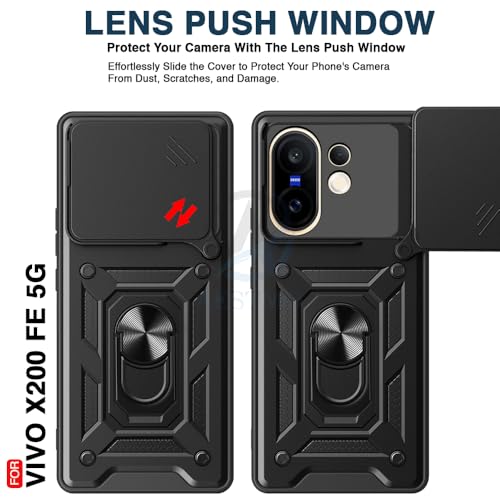Image of AESTMO Tough Armor Vivo X200 FE 5G Bumper Back Case Cover | Ring Holder & Sliding Camera Shield Cover | 360 Degree Protection Back Case Cover for Vivo X200 FE 5G (Black)