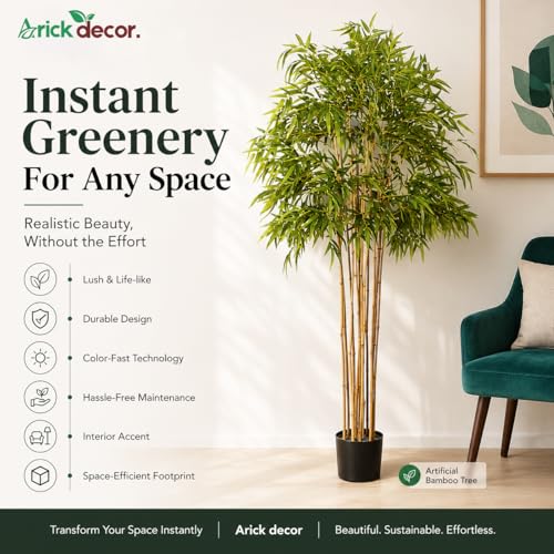 Image of ARICK DECOR 6Ft Artificial Bamboo Tree in Pot, 6ft Realistic Faux Bamboo Silk Plant with Natural Look Canes, Peacock Shaped Floor Decor for Home, Office & Balcony