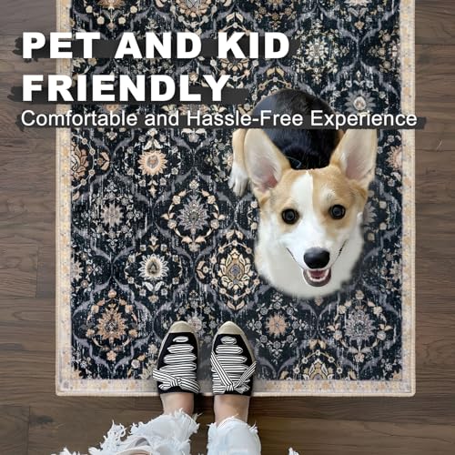 KILOCOCO 2x6 Runner Rug, Moroccan Super Soft Washable Hallway Runner Rug, Accent Print Faux Wool Kitchen Runner Rug 6 Feet Non-Slip Rug Runners for Laundry Room Bedroom, Black/Navy Blue/Multi