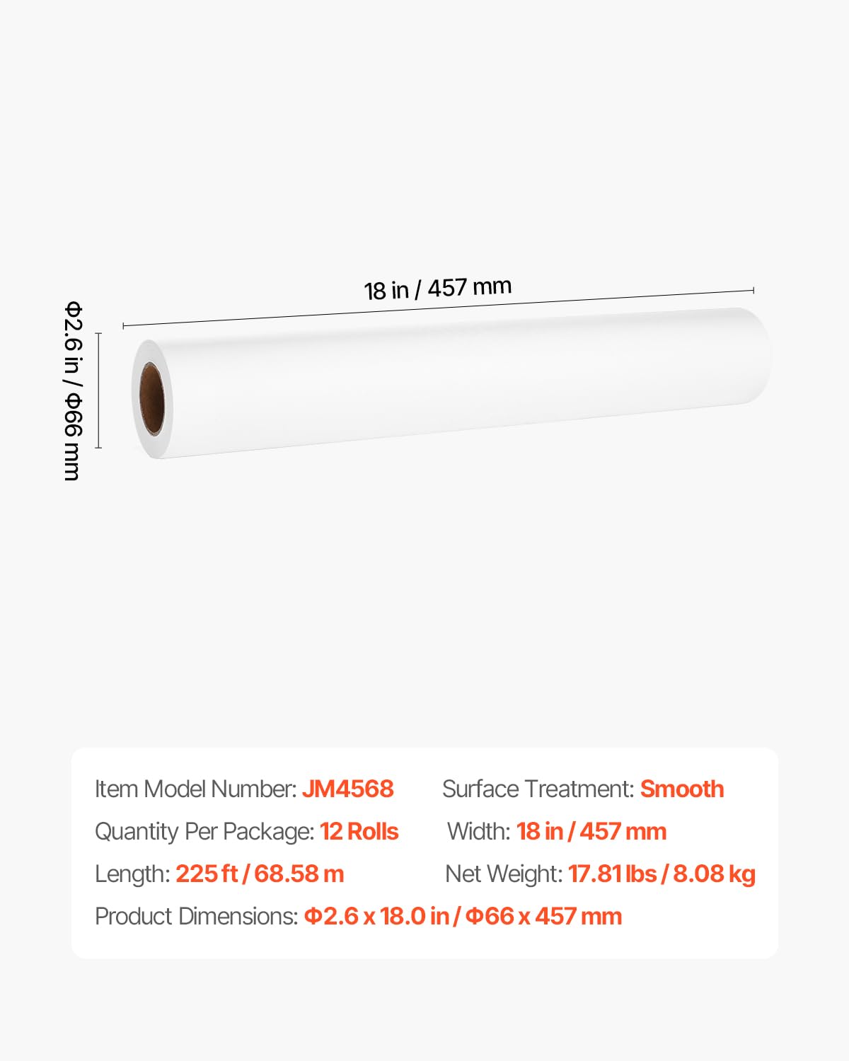 VEVOR Ärzterolle, 457 mm x 68,58 m, Liegenabdeckung (12er-Pack), Einweg Liegenrolle, Medirolle ideal für Spas, Kindertagesstätten, Ärzte, Chiropraktiker, Untersuchungs- & Massagetische, weiß