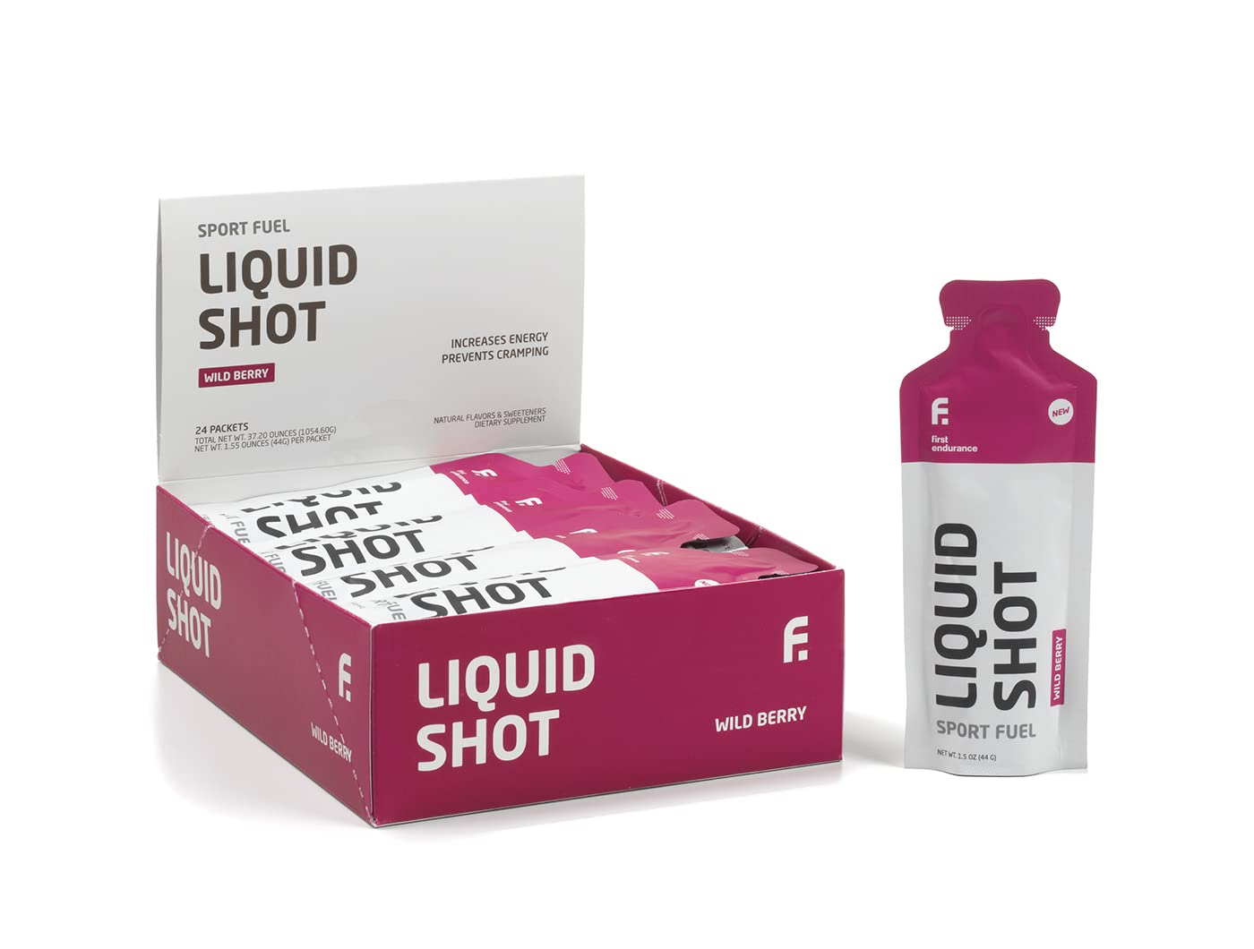 FIRST ENDURANCE Liquid Shot - Running, Cycling, Triathlon Fuel for Instant Energy and Cramp Relief | Electrolytes, High Carb | Liquid Energy for Endurance Sports | Wild Berry