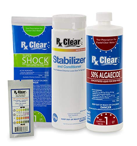 Rx Clear Spring Start-Up Kit | Chemicals for Opening Swimming Pools | Above Ground or Inground Up to 7,500 Gallons | Includes Shock, Algaecide, Stabilizer/Conditioner and Test Strips