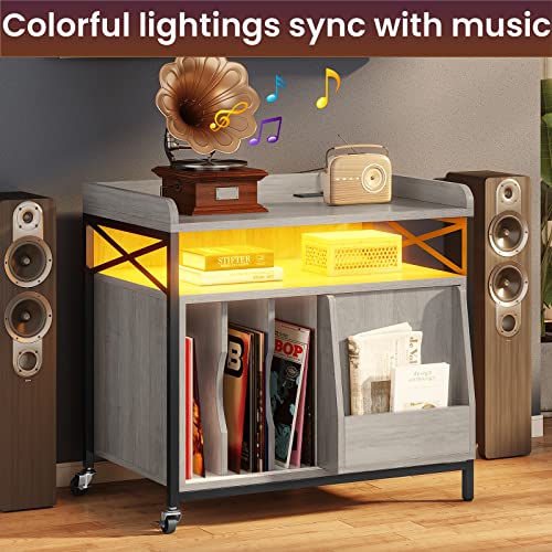 Bthfst End Table With Charging Station, Record Player Stand With Led Lights,Led Nightstand With Storage Shelf, Mid-Century Record Storage With Wheels For Living Room Bedroom, Grey #TOP4