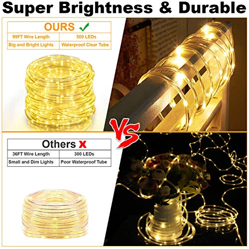 99Ft LED Rope Lights Outdoor, 500 LEDs Fairy String Lights Plug in 8 Modes, Dimmable, Super Durable, Waterproof String Lights Outdoor Indoor for Patio Wedding Christmas, 2 Remote Control (Warm White)
