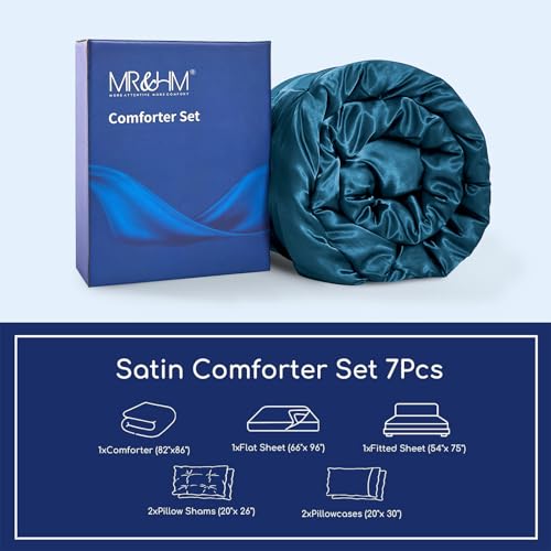 MR&HM Satin Comforter Full 7 Pieces - Luxurious Pinch Pleat Bedding Set with Comforter, Flat Sheet, Fitted Sheet, Pillowcases & Shams, Super Silky Soft Bed Set for All Season (Full, Teal)