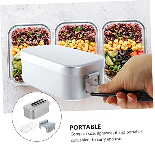 Inoomp 1 Set/3Pcs Camping Lunch Box Hydroflask Accessories Oven Grill Rack Metal Lunchbox Cooking Grill Rack Folding Handle Box Aluminum Alloy Bento Box Aluminum Alloy Silver Steel #TOP1