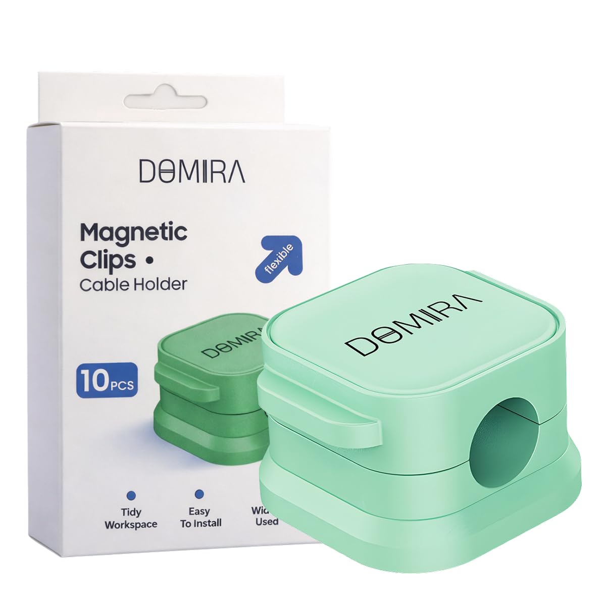 DOMIRA 10 Magnetic Cable Holder Clips – Desk Cable Tidy & Charger Cable Organiser – Magnetic Door Clip for Wire Management – 6 Colours – Self Adhesive Clip for Desk Cable Organizer (Green)