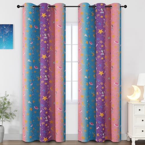 Image of Pink Purple Blue Star Moon Unicorn Curtains for Girls Bedroom 84 Inch Long