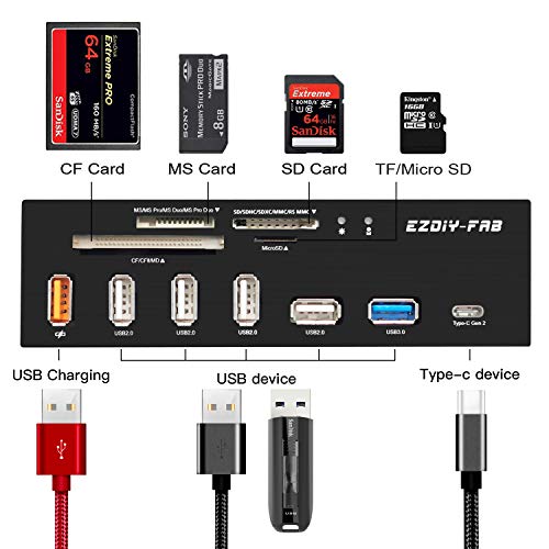EZDIY-FAB PC Front Panel Internal Card Reader USB HUB, USB 3.1 Gen2 Type-C Port,USB 3.0 Support SD MS XD CF TF Card for Computer, Fits Any 5.25" Computer Case Front Bay
