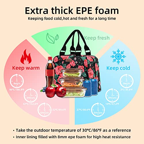 Pbro Insulated Lunch Bag For Women,Large Reusable Lunch Tote With Adjustable Shoulder Belt,Cute Red Rose Floral Portable Lunch Box Cooler Bag,Perfect For Adult Girls School Picnic,Office,Working -Red #TOP2
