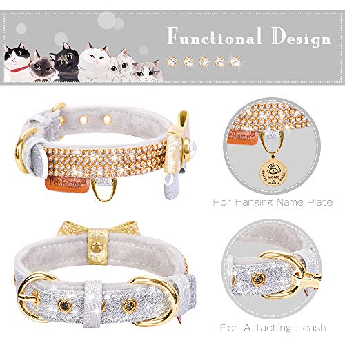 Image of Cat Collar, Dog Collar, [Bling Rhinestones][Cute Bow] PU Leather Adjustable Pet Collar for Cat and Small Dog Extra Small Silvery