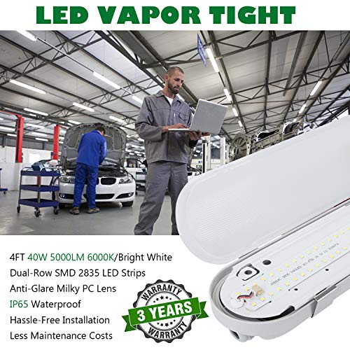 Brillihood LED Vapor Tight 4FT Light Fixture, 40W, 5000LM, IP65 Waterproof Shop Light, 6000K Bright White, Milky Lens, Outdoor Vapor Proof Lighting, 1-Pack