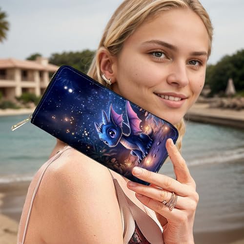 Image of RFID Blocking Leather Wallet for Women - Large Capacity Zip Around Clutch with 8 Card Slots,30 Cash Pockets & Coin Zipper,Cute Baby Dragon