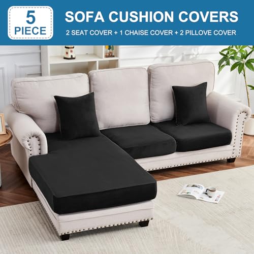 Image of Couch Cover 3-Piece Elastic Velvet Couch Cushion Covers & Chaise Slipcovers for L-Shaped Sofas, Sofa Seat Covers Washable, Soft Cover for Couches (2 Seater + Chaise, Black)