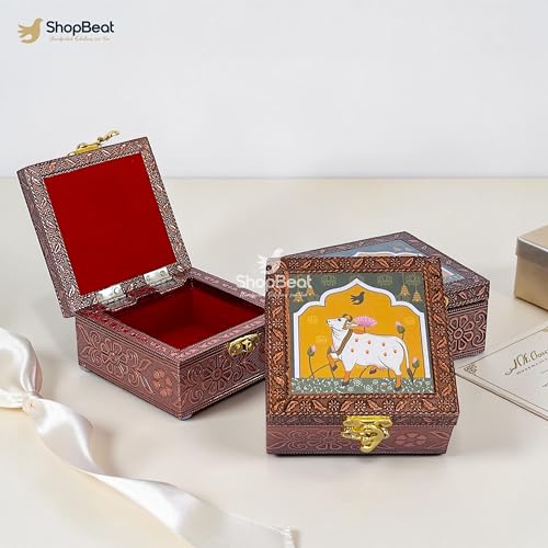 Image of Handcrafted Wooden Jewellery Box Copper Metal Finish (4 x 4 inch) - Pack of 3 | Oxidized Pichwai Cow Design | Decorative Organizer | Storage Box for Women Puja Festive Gifting | Royal Teal