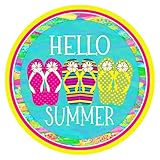 Retro Round Tin Sign 12 X 12 Inches Hello Summer Flip Flops Spring Summer Sign Wreath Sign Funny Wall Decor Nostalgic Arts Decor Waterproof Plate Decoration Novelty Decorative Crafts Home Decor Gifts
