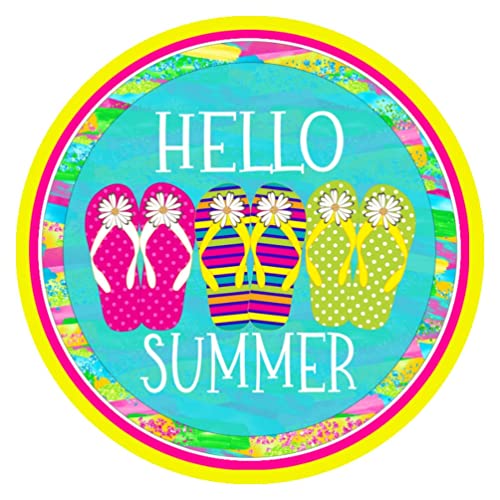 Retro Round Tin Sign 12 X 12 Inches Hello Summer Flip Flops Spring Summer Sign Wreath Sign Funny Wall Decor Nostalgic Arts Decor Waterproof Plate Decoration Novelty Decorative Crafts Home Decor Gifts