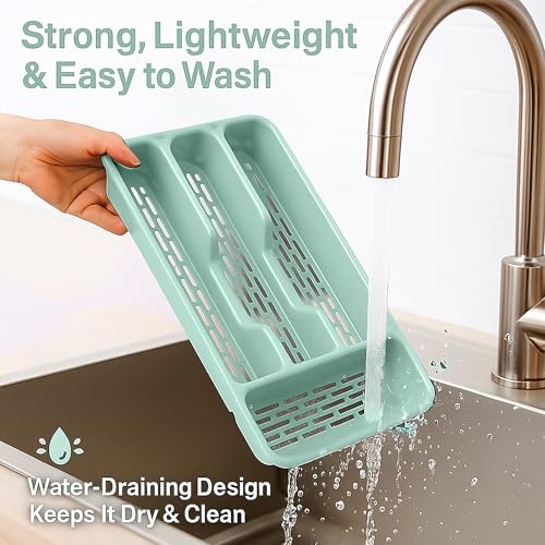 Small Tier Cutlery Tray Classic in Mint Green | BPA Free Plastic Drawer Organizer with 4 Compartments | Durable Kitchen Storage for Spoons Forks Knives Kids Cutlery | Space Saving Design - Image 4